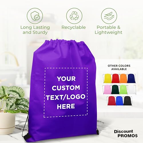 DISCOUNT PROMOS Custom Non-Woven Drawstring Backpacks Set of 10/50/100, Personalized Bulk Pack - color: Purple, size: 10/50/100