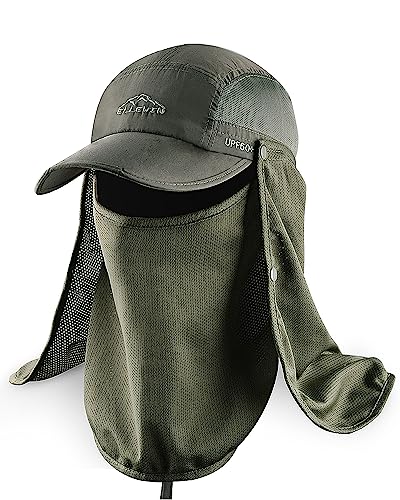 Outdoor Sun Hat for Men Women UPF 50+ Fishing UV Hat with Neck Flap Face Cover for Sun Protection - color: Army Green-regular Brim