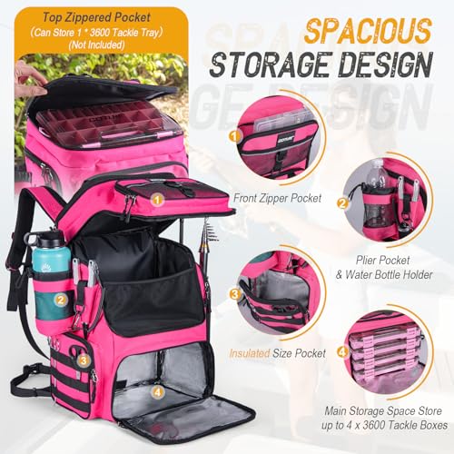 Goture Fishing Backpack with 4 Tackle Boxes, 900D Water-Resistant Tackle Backpack with Rod Holders,Insulated Cooler Compartment, 55L Large Capacity Fishing Gear Storage Bag for Saltwater & Freshwater - color: A3:pink(4 Tackle Boxes Included)