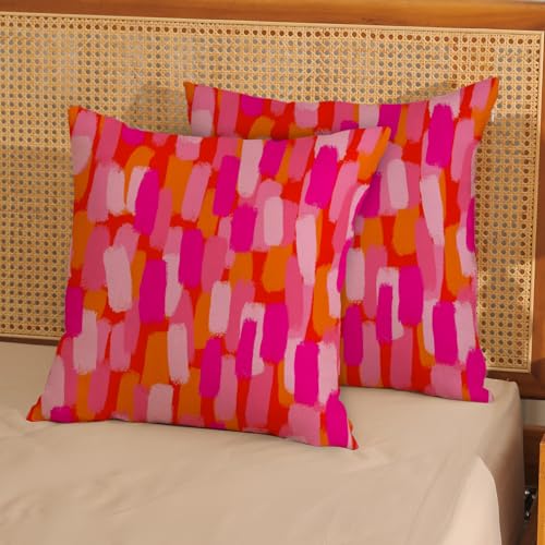 Preppy Hot Pink Pillow Covers 16x16 Inch 2 Pcs Burnt Orange Abstract Paint Decor Throw Pillows Modern Aesthetic Funky Outdoor Holiday Decoration Pillowcase Linen Cushion Cover for Couch Bed - color: Preppy Pink Orange, size: 16" x 16" (Pack of 2)