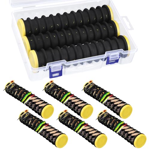 6 Pcs Fishing Leader Holder 6 Pack with Storage Box 72 Slot Snell Hook Organizer Anti-Tangle Rig Keeper for Walleye Catfish Bass Trout - color: Black