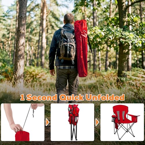 Romswi Portable Camping Chairs, Heavy Duty Folding Outdoor Chairs, Folding Chair with 4-Can Cooler Bag for Camping, Fishing, Garden, 2-Pack, Red - color: Red, style: Large