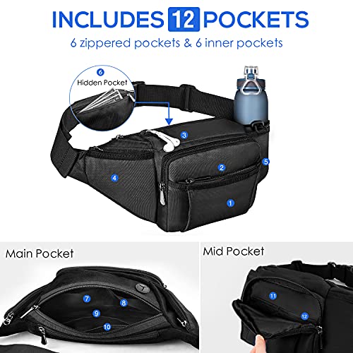 NOOLA Fanny Pack Waist Bag for Men Women, Lightweight Waist Pack with Water Bottle Holder, Adjustable Belt Bag with Multi-Pockets for Hiking, Dog Walking, Outdoor, Cycling, Running, Travel, Black - color: Black