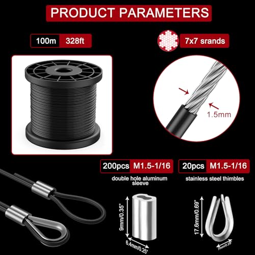 328ft Wire Rope Crimping Tool Kit, Fishing Crimping Tool With Black Vinyl Coated Wire Rope, 7x7 Strand Core(1.5mm), 200Pcs 1/16''Aluminum Crimp Loop Sleeves And 20Pcs Stainless Steel Thimble - color: Cable Crimper, 328ft Black Vinyl Coated Wire Rope, 200p