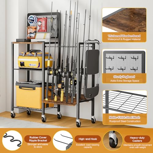 Olakee Fishing Rod Holders, Rolling Fishing Rod Rack for Garage & Boat, Tackle Box & Reel Holder Cart, Easy Assembly Fishing Gear Management System, Ideal Birthday Gift for Men Dad Anglers - color: 12 Rods,Brown