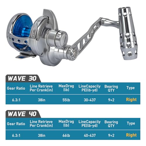 THKFISH Slow Pitch Jigging Reel, 55lbs Max Drag 6.3:1,9+2 Stainless BB Lever Drag Saltwater Heavy Duty Trolling Reel Slow Jigging Reel Saltwater Fishing - size: WAVE-30-Right Hand-SILVER