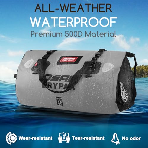 OSAH DRYPAK Waterproof Duffel Bag - Motorcycle Dry Bag Tail Bag with Large Storage Space, Waterproof Luggage Duffle Bags with Outer Mesh Zipper Pocket for Camping, Kayaking, Fishing & Traveling - color: Grey, size: 40L