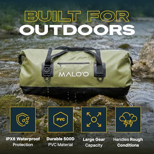 Malo’o Waterproof Dry Duffel, Heavy-Duty Roll Top Waterproof Gear Bag with Shoulder Strap & Molle Loops, Marine Duffel for Kayaking, Boating, Camping, Beach & Travel, Dark Green, 100L - color: Dark Green, size: 100L