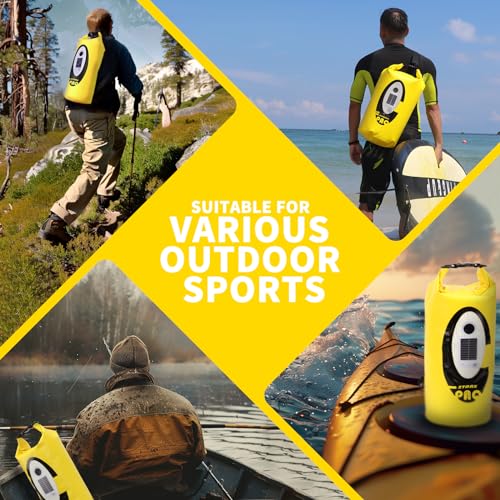 FELICON Waterproof Dry Bag Backpack with Bluetooth Speaker, 20L Roll Top Floating Sack, Solar & USB-C Powered Emergency Charger, RGB Light, Heavy Duty PVC for Kayaking Camping, Yellow - color: Yellow, size: 20L