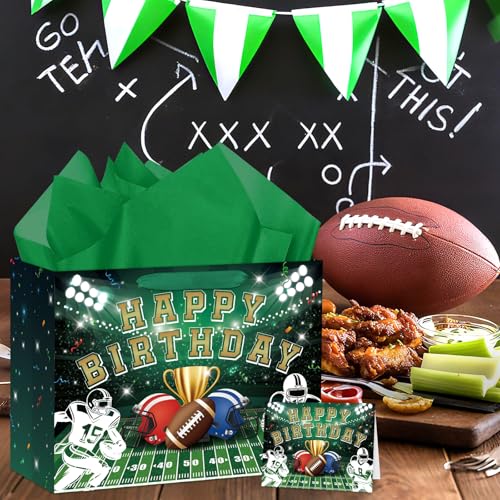 Hooqict Large Football Gift Bag with Handles, Tissue Paper and Greeting Card Football Birthday Party Gift Wrapping Bag for Boys Men Sport Themed Goodie Treat Party Favors - color: Rugby