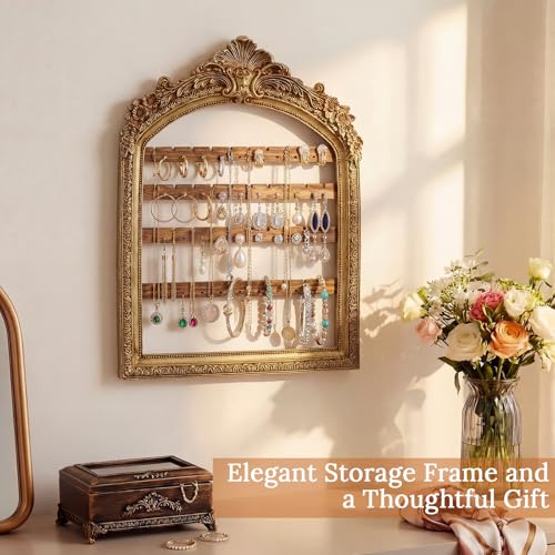 1 Pcs 13 x 9.3'' Wall Hanging Earring Holder Organizers Vintage Arched Frame 4 Layer Wall Mounted Jewelry Holder Decorative Retro Baroque Stud Earring Display (Gold) - color: Gold, size: 13 x 9.3''