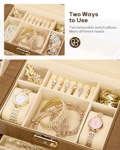 Homde Synthetic Leather Huge Jewelry Box Mirrored Watch Organizer Necklace Ring Earring Storage Lockable Gift Case (Brown + Gold) - color: Brown + Gold