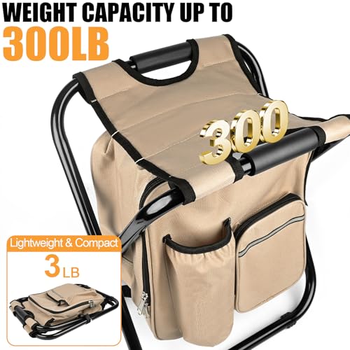 Kikerike Backpack Stool Cooler Chair Heavy Duty 300 LBS Max Load Portable Lightweight Stool Backpack Folding Fishing Cooler Seat for Camping Hunting Fishing - Sand - color: Sand