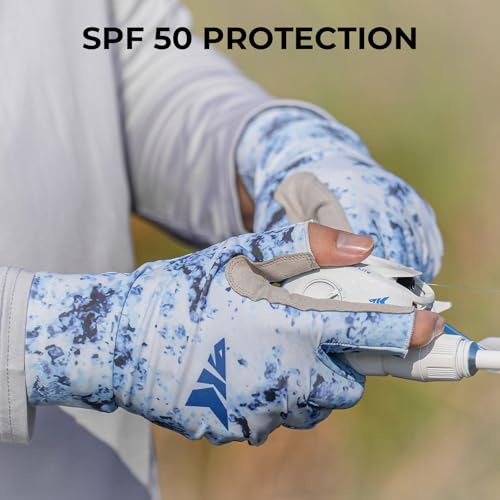 KastKing La Sal Fishing Gloves UPF50+ Sun Gloves UV Protection Fingerless Gloves Men Women for Outdoor, Kayaking, Rowing, Paddling, Canoeing, Hunting - color: D: Boulder Camo Bay, size: Small-Medium