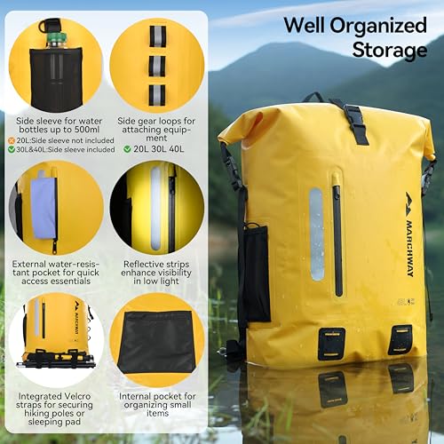 MARCHWAY Roll Top Waterproof Backpack, Floating Dry Bag 20L/30L/45L with Ergonomic Rectangular Base, Cushioned Back, Hip Strap for Hiking Camping Kayaking Travel (Yellow, 20L) - color: Yellow, size: 20L