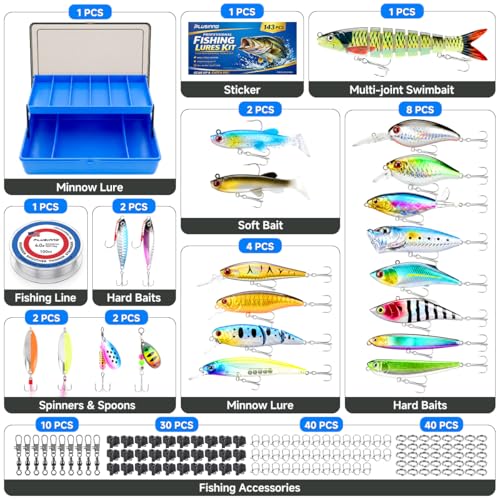 PLUSINNO Fishing Lures Kit Tackle Box, Premium Fishing Bait Set for Bass, Trout, Crappie, Walleye, Fishing Gear Accessories Kit for Freshwater & Saltwater, Fishing Gifts for Men