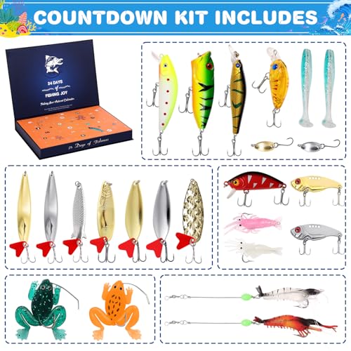 Fishing Lures Kit, 24Pcs Assorted Fishing Baits with Crankbaits, Spoon Lures, Hooks, Weights & Accessories, Fish Tackle Gift Set for Men, Bass Freshwater - size: B
