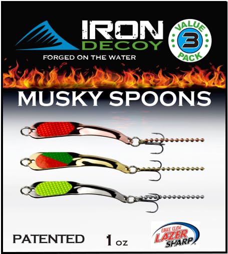IRON DECOY Spoon Fishing Lures 3-Pack, Multi-Species Metal Spoons for Trout, Walleye, Bass, Salmon, Pike, Ice Fishing & Trolling, Vibrating Spoon Lure Kit - color: Musky, 3-Pack, 1 oz