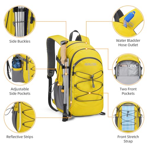 RealCool 30L Lightweight Hiking Backpack, Waterproof Daypack for Camping | 210D tear-resistant nylon, breathable shoulder and back panel, Multi-Compartment,hydration system,reflective strip,bungee net - color: Yellow, size: 30L