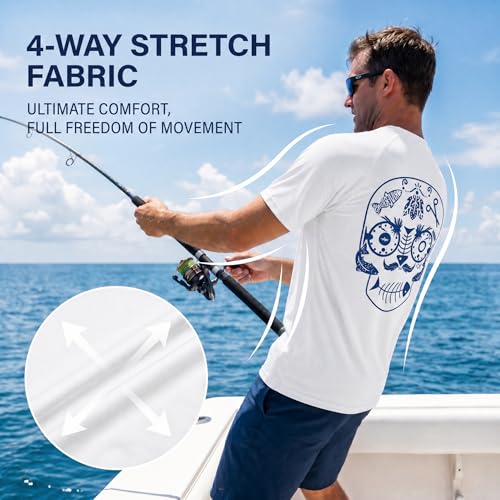 Riverruns Men's Fishing Shirt Short Sleeve UPF 50+ UV Sun Protection T-Shirt Rash Guard Swim Shirt #1024 - color: White / Fishing Gear Combo, size: Medium