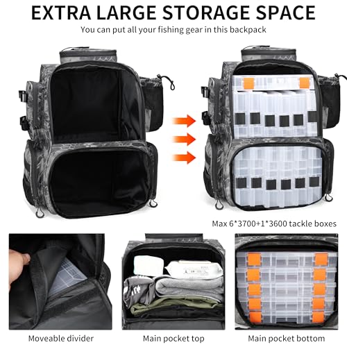 Rabjen Fishing Tackle Backpack with Rod Holders, Bottle Holder, Storage Bag Store Fishing Gear - color: Camouflage Black