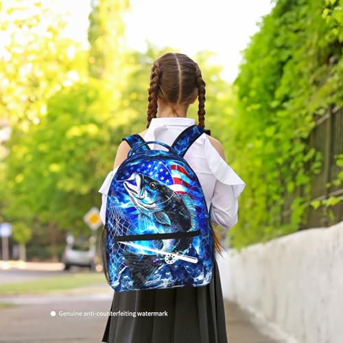 Bass Fish Backpacks for Kids Blue American Flag Schoolbag for Teenage Girls Boys Cute Children Book Bag for Preschool Kindergarten Bookbags Nursery Daycare Back to School Gifts - color: American Fish 01