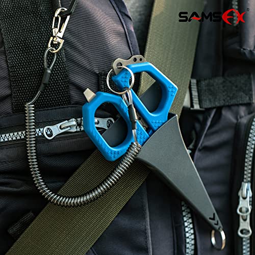 SAMSFX 6.5" Pro Fishing Shears Dual Serrated Blades, Fishing Braided Line Scissors with Titanium Coating, Non-Slip Grip & Multifunction Tool, Includes Hard Molded Locking Sheath & Coiled Lanyard - color: A: Blue Kraton Handle, Hard Sheath