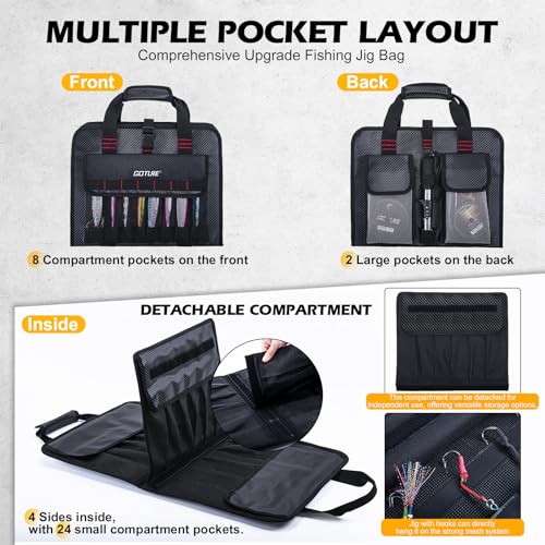 Goture Fishing Jig Bag,34 Mesh Pockets Portable Water-Resistant 600D PU Fishinig Lure Bag Saltwater Freshwater,Detachable Compartment, Suitable For Vertical Jig Slow Pitch Jigging Bait Tackle Storage - color: C:14.96"x11.81"