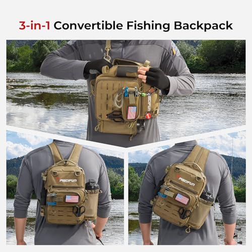 Piscifun Fishing Tackle Backpack, Convertible Sling or Waist Pack, 16-Pocket Storage Gear Bag with 2 Rod Holders & Rain Cover - color: Khaki