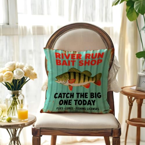 Rustic Fishing Throw Cushion Case 18x18 Inch Catch The Big One Today Bass Pillow Cover for Lake House Cabin Man Cave Couch Sofa Outdoor Funny Fishing Decor Pillowcase(Green) - color: Green