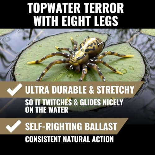 LUNKERHUNT Phantom Spider Lure for Bass Fishing (2.5 Inch) | Topwater Spider Fishing Lure with Natural Walking Action | Soft Hollow Body Weedless Hooks for Trout and Pike - color: Fang