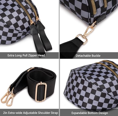 Pure Colour Crossbody Bum Bags for Women Spacious Checkered Cross body Bag Nylon Trendy Fanny Pack for Travel - color: Black Grey Checkered