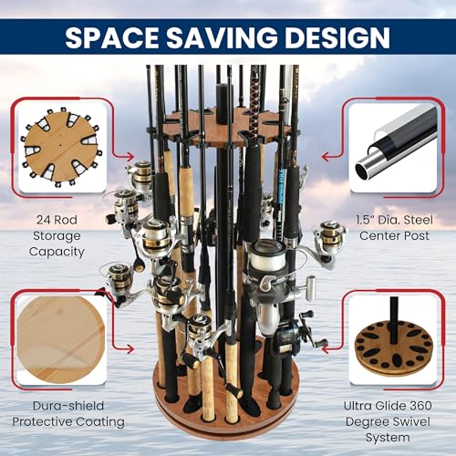 Rush Creek Creations Fishing Rod Holder - 360 Spinning Rack for Garage Organization and Storage, Pole Holder for Reels, Gear, Accessories, Tackle Box - color: Light Grain, style: 24 Spinning