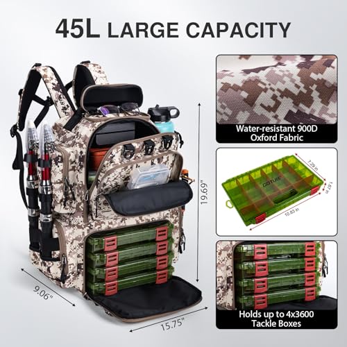 Goture Fishing Backpack with 4 Tackle Boxes,900D Water-Resistant Tackle Backpack with Rod Holders,Sunglasses Case,45L Large Storage Gear Bag with Rain Cover,Bottle Holder for Travel Camping Hiking - color: A2:camo 1#, size: Included 4 Tackle Boxes