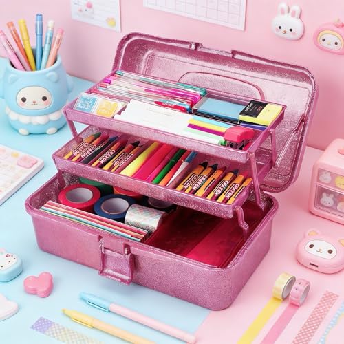 Glitter Purple 3 Layer Craft Storage Box, Purple Tackle Box Organizer for craft tool, Cosmetic Organizer for girls - color: Pink