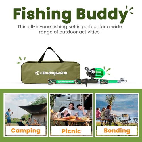 DaddyGoFish Kids Fishing Pole - Rod Reel Combo Tackle Box Starter Set - First Year Small Gear Kit for Boys Girls Toddler Youth Age Beginner Little Children - color: Green (Essential Set), size: 4ft