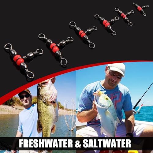 OROOTL 3 Way Swivel Fishing Tackle, 60pcs T Turn Three Way Fishing Swivels Black Nickel Plated Cross Line Barrel Triple Swivels for Catfish Rig Saltwater Freshwater - size: Size 4*6 -62LB