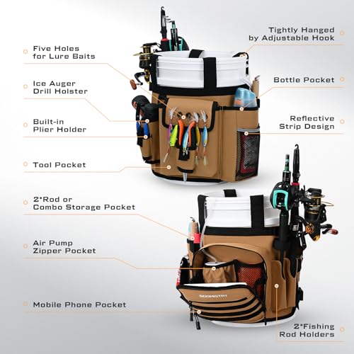 Boomistry Fishing Bucket Organizer for 5 Gallon Bucket, Khaki | 15 Multi-Pockets, 4 Built-in Rod Holder Storage, 3 Adjustable Buckles, for All Fishing Gear & Tackle Accessories - color: Khaki
