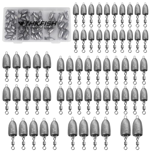 THKFISH Fishing Weights Sinkers, Bullet Fishing Sinkers with Swivel Rolling Slip Sinkers Sliding Weights for Bass Fishing Pitching and Flipping Texas Rigs Saltwater Freshwater Fishing, 3.5g-20g - size: mix-61pcs
