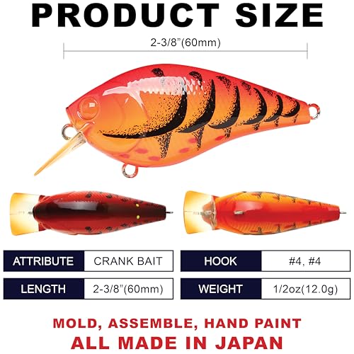 LUCKY CRAFT LC 1.5 Silent Squarebill Crankbait Fishing Lure, 2-3/8", Bass Fishing Lures for Freshwater, Hard Crankbait with Treble Fishing Hooks, Fishing Accessories - color: 345 Delta Crazy Red Craw
