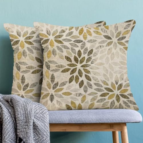 AEIOAE Grey Yellow Pillow Covers 18 x 18 Inch Set of 2, Rustic Geometric Dahlia Flower Decorative Throw Pillows Yellow Floral Pillowcase Farmhouse Linen Cushion Covers for Couch Home Sofa Decor - color: Grey Yellow Floral, size: 18" x 18" (Pack of 1)