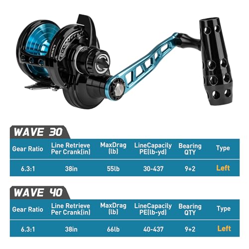 THKFISH Slow Pitch Jigging Reel, 55lbs Max Drag 6.3:1,9+2 Stainless BB Lever Drag Saltwater Heavy Duty Trolling Reel Slow Jigging Reel Saltwater Fishing - size: WAVE-40-Left Hand