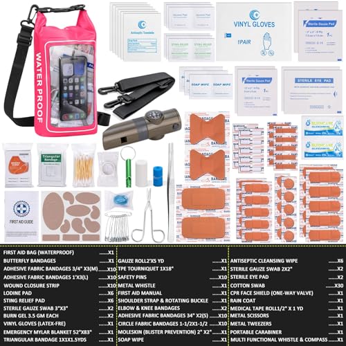 154 Pieces Waterproof Boat First Aid Kit Dry Bag with Out Bags Pouch Roll Top Boat Emergency Kit 2-in-1 for Camping Fishing Kayaking Swimming Rafting - color: Pink