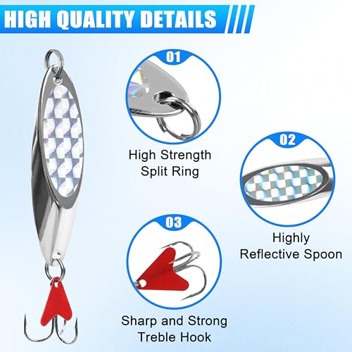 Fishing Spoons Lures, 8pcs Metal Casting Jigging Spoons Silver Trolling Pike Spoon Trout Lures with Treble Hooks for Bass Trout Salmon Pike Walleye Fishing - size: 3/8 oz_8pcs