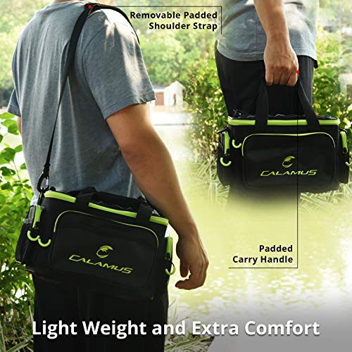 Calamus Fishing Tackle Bags - Saltwater or Freshwater Fishing Bags - Rip-Stop PE - Padded Shoulder Strap - Pliers Storage - Green - color: A：Green(without trays)-14.3*9*7.5 inches