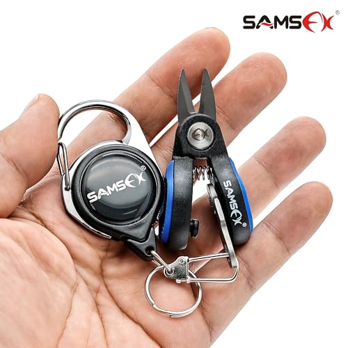 SAMSFX Fishing Nipper with Retractable Tether, Stainless Steel Blades that Cut Braid, Mono and Fluoro Lines, SNIP, Fishing Line Cutters (Blue) - color: Blue