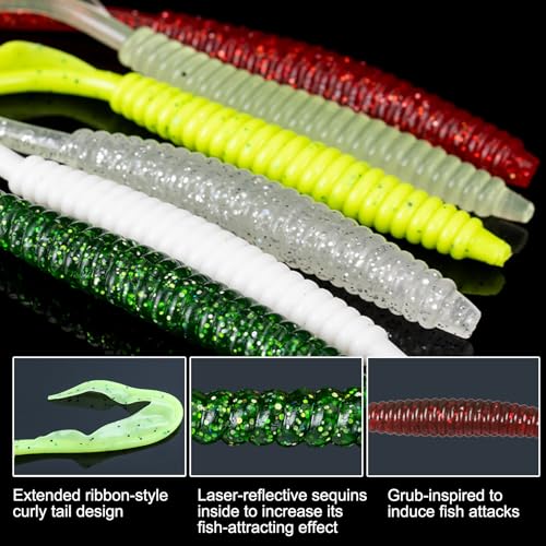 Eupheng Twist Tail Swimbait Fishing Lure, 2.3in/2.7in/4in/5.5in 100PCS Grub Saltwater Fishing Soft Bait Trailer for Bass Crappie Fishing - size: 5.5in(14cm)-10PCS-Neon Yellow