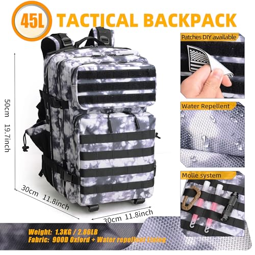 LUPU TACTICAL 45L Backpack for Men and Women 3 Days Assault Pack Outdoor Travel Hiking Camping Rucksack with Molle Webbing (Black and White)