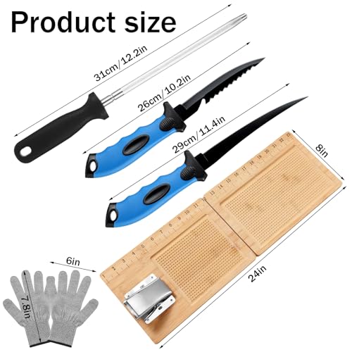 6 Pcs Fish Cleaning Kit Include Cutting Board Fish Fillet Boards with Clamp 2 Knife Cut Resistant Gloves Scale with Built in Measuring Tape Sharpening Rod(Foldable) - style: Foldable