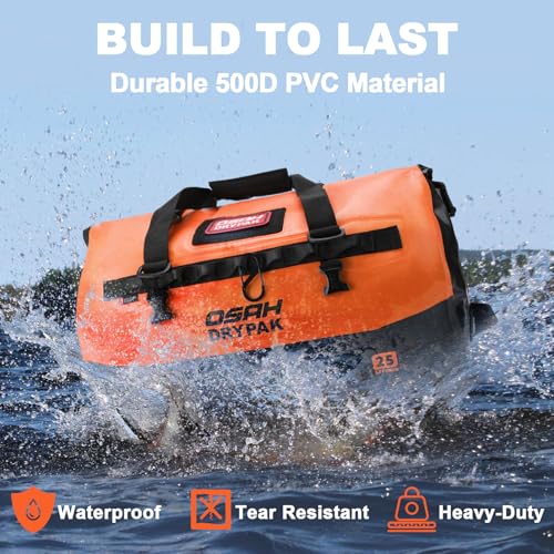 OSAH DRYPAK Waterproof Duffel Bag 25L/40L/60L – Heavy-Duty Motorcycle Tail Bag, Roll-Top Dry Bag for Travel, Camping, Boating, Kayaking, Outdoor Adventure - color: ORANGE, size: 25L
